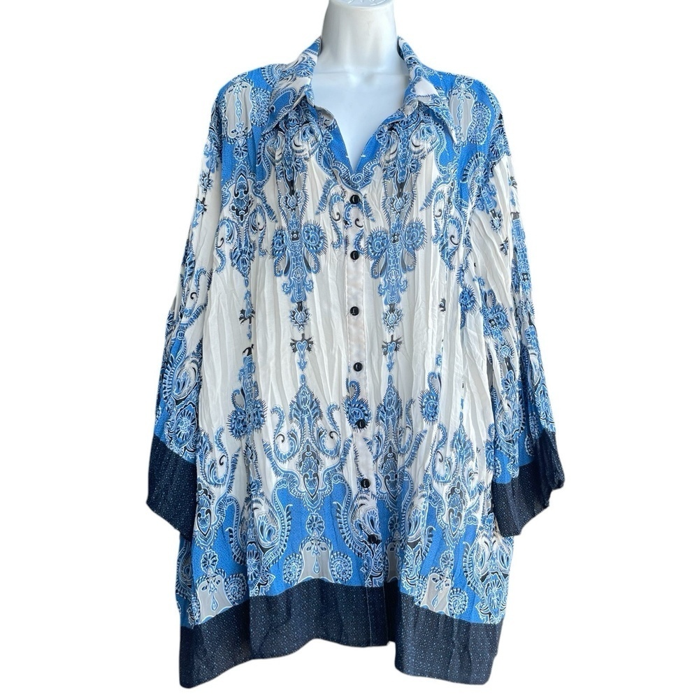 MAGGIE BARNES Blue Paisley Tunic Women's 2X Crinkle Button-Up Shirt 3/4 Sleeve